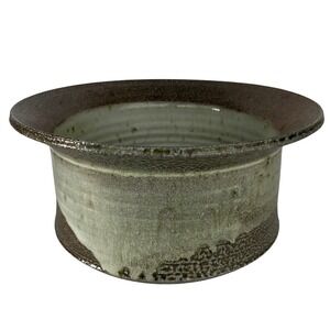 Studio Pottery Stoneware Bowl Signed Flared Rim Green Brown Textured Centerpiece